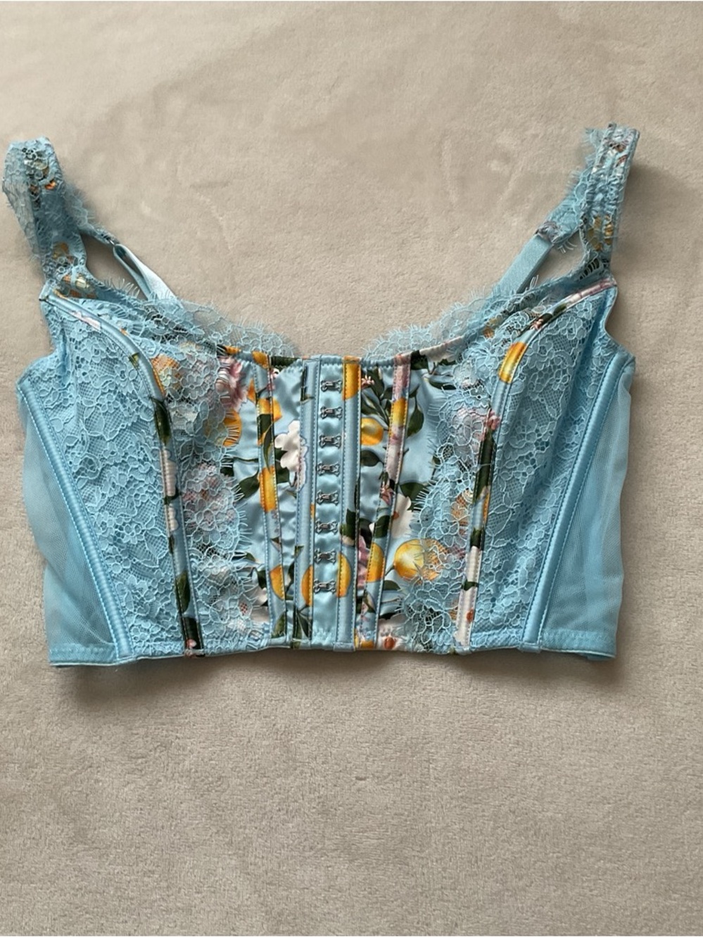 Victoria's Secret Light Blue Lace Corset Top with Lemon Print Panels